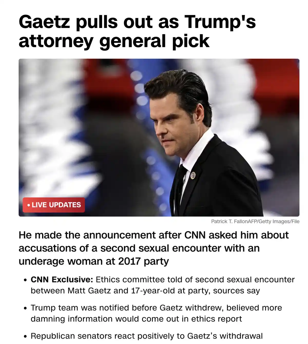 A news article screenshot shows a man in a suit looking downcast, with the headline 'Gaetz pulls out as Trump's attorney…