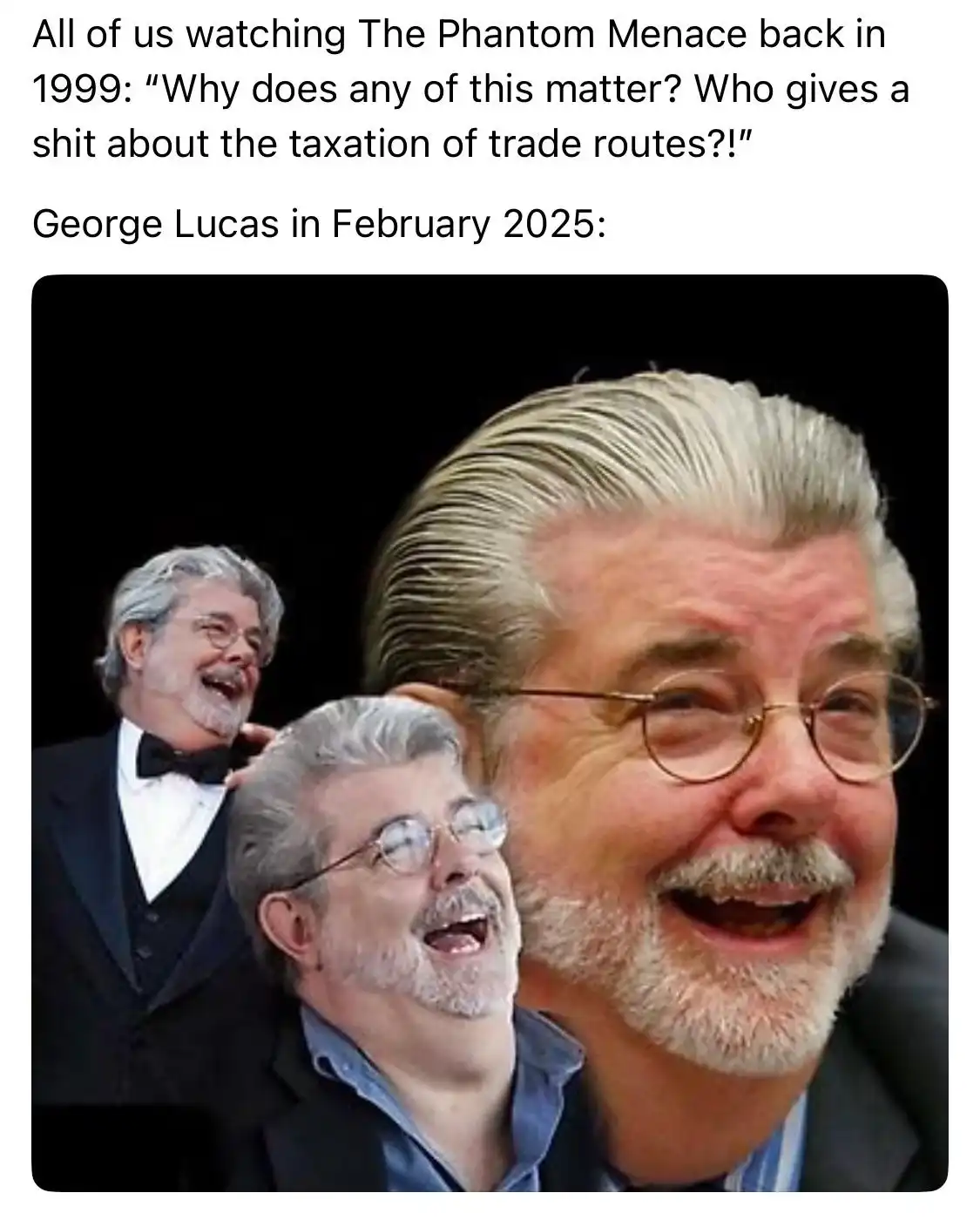 The image shows three progressively larger, overlapping photos of George Lucas smiling joyfully. The text above the images…