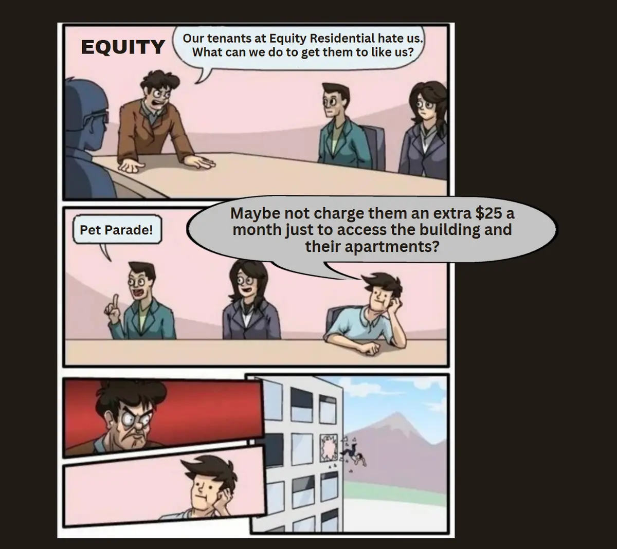 A three-panel comic strip shows a meeting where a man from 'EQUITY' asks how to win over tenants who hate them. A colleague…