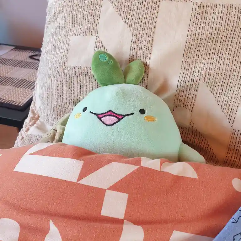A light green, round plush toy with a smiling face, pink lips, and green leaf-like ears is peeking out from under an orange…