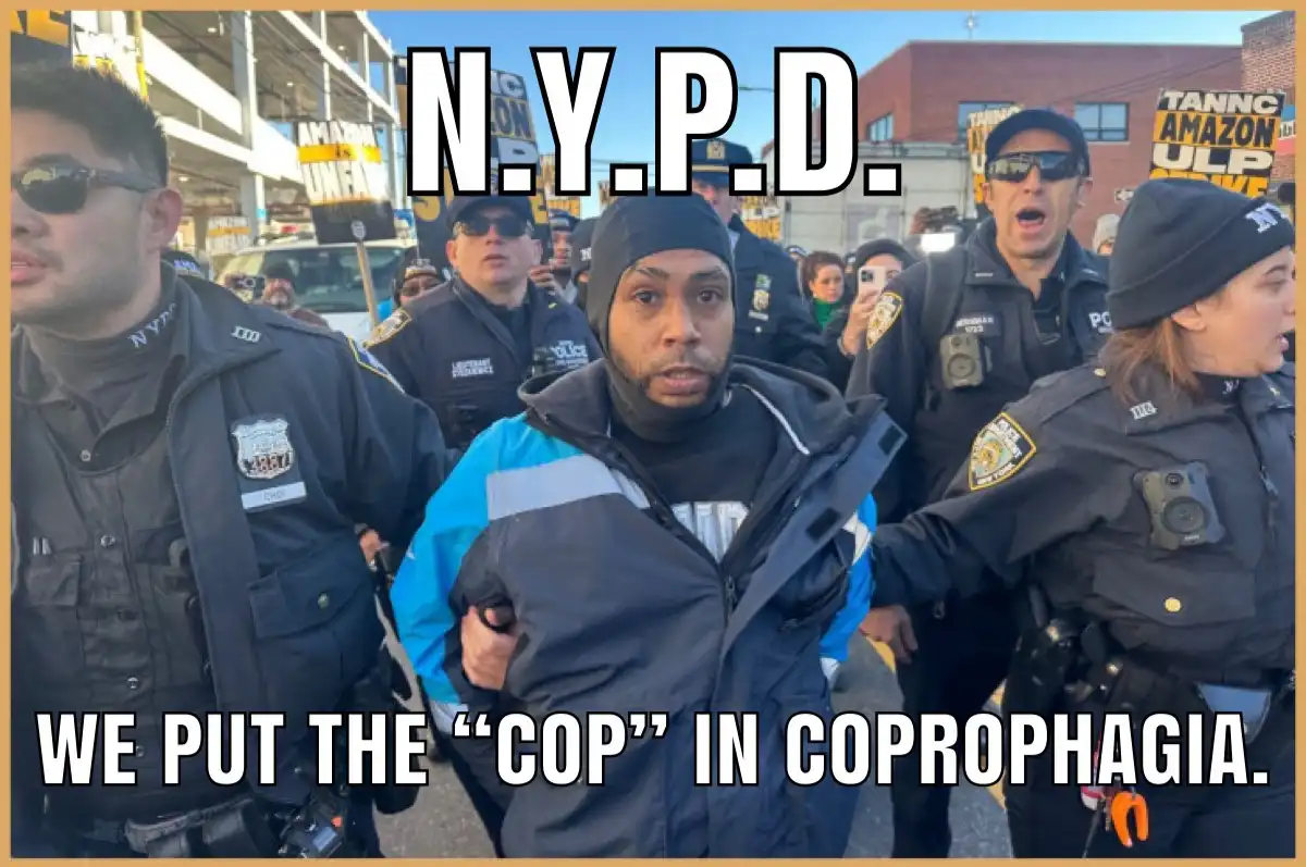 A photo shows several NYPD officers surrounding and arresting a man in a blue and black jacket. The text overlaid on the…
