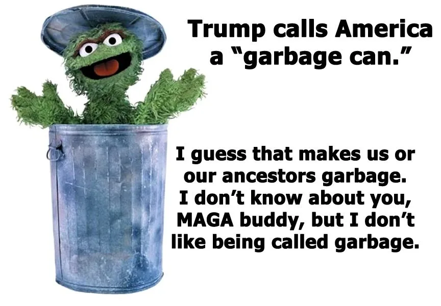 A green, furry puppet with a wide grin and a metal garbage can lid on its head emerges from a large metal trash can…