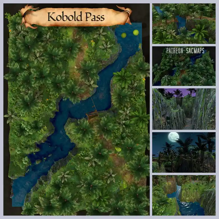 A fantasy map titled 'Kobold Pass' shows a lush jungle with a winding river, wooden bridges, and cliffs. Surrounding it are…