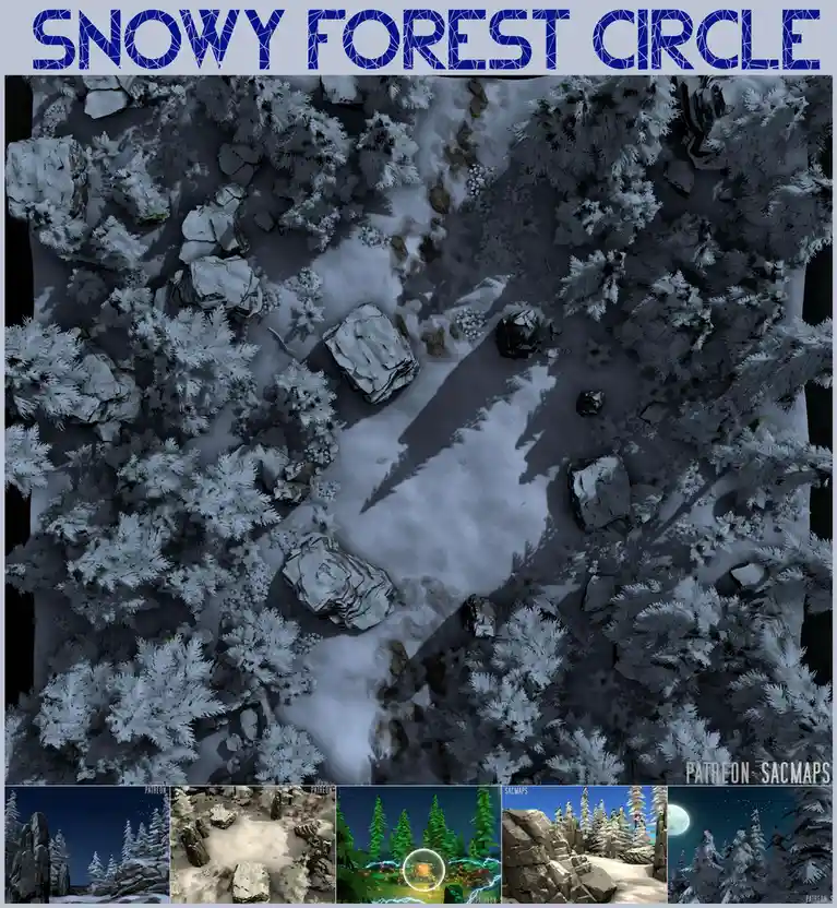 An overhead view of a snowy forest with trees and rocks arranged in a circular pattern, overlaid with the text 'SNOWY FOREST…