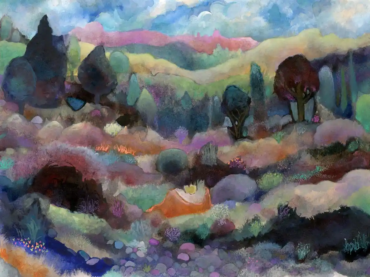 A colorful, impressionistic painting of a hilly landscape with stylized trees and rolling terrain under a cloudy sky. The…
