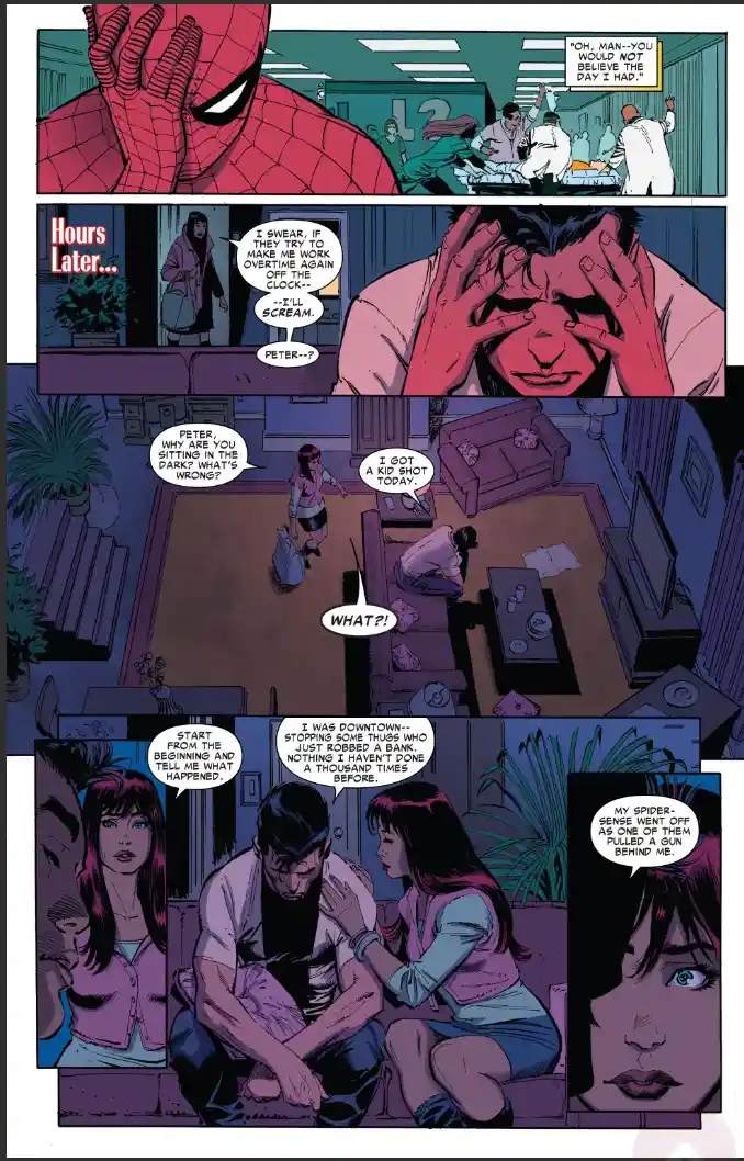A comic book panel sequence shows Spider-Man exhausted after a chaotic day, then later at home with Mary Jane Watson. He…
