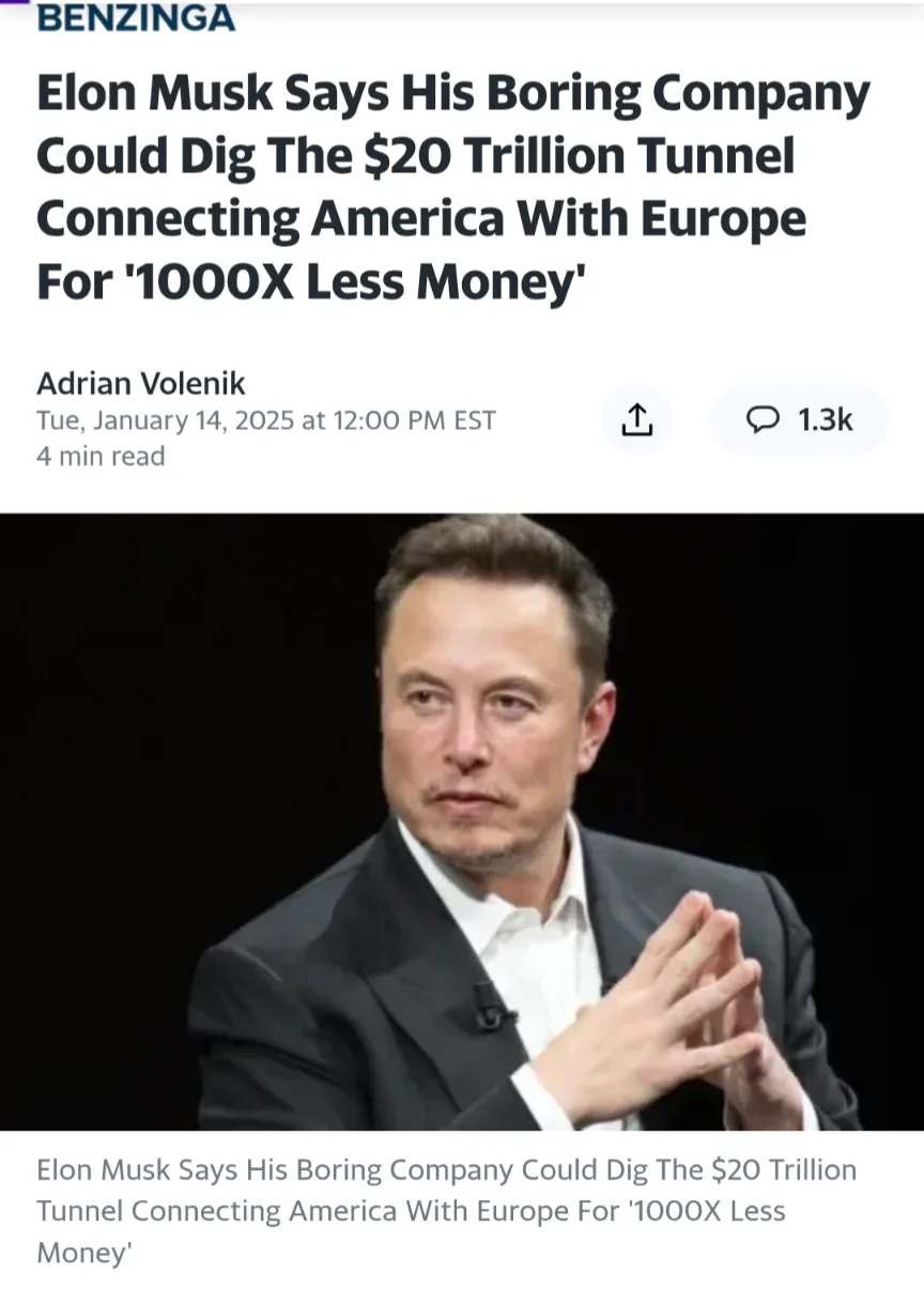 A screenshot of a Benzinga news article header and footer, both displaying the headline 'Elon Musk Says His Boring Company…