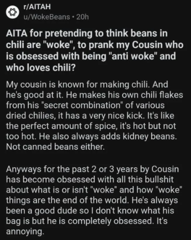 A screenshot of a Reddit post from r/AITA where the user asks if they're wrong for pretending to think beans in chili are…