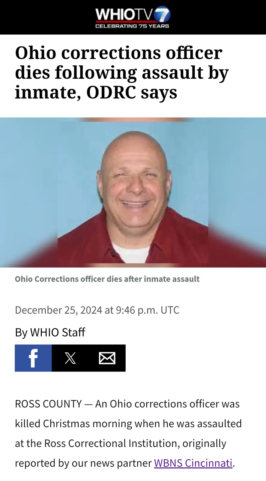 A news article screenshot from WHIO TV 7 shows a smiling bald man in a red shirt, with the headline 'Ohio corrections…