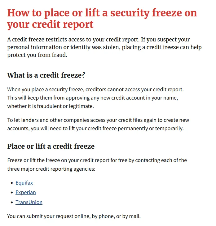 A screenshot of a government-style guide titled 'How to place or lift a security freeze on your credit report' explains…