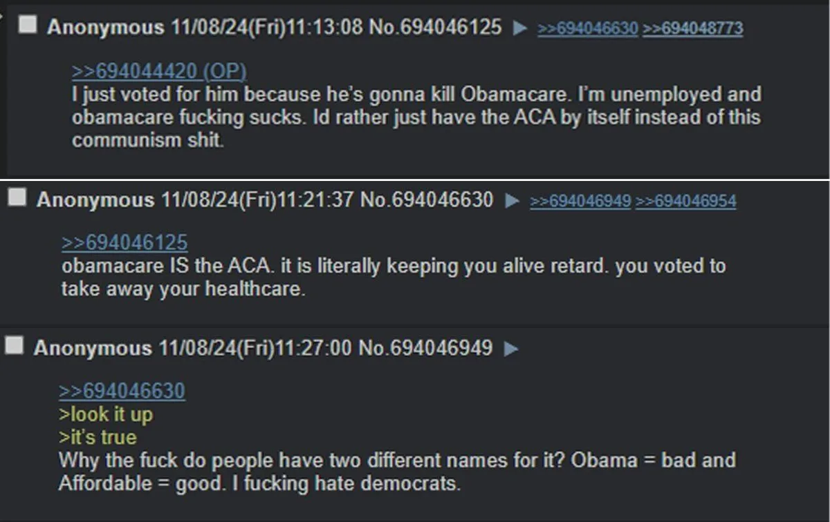 A 4chan thread screenshot showing a user claiming to vote for a candidate to kill Obamacare, only to be corrected that…