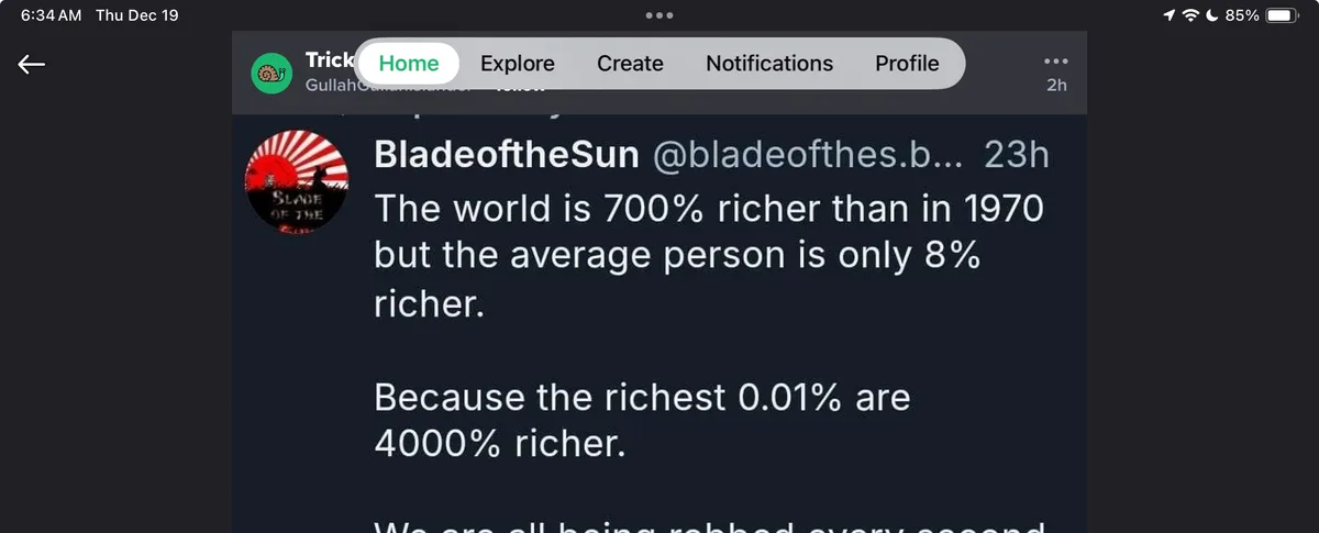 A screenshot of a Twitter/X post by user 'BladeoftheSun' showing statistics about global wealth inequality. The post claims…