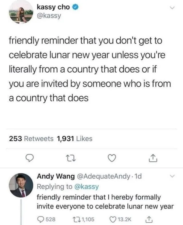 A screenshot of a Twitter thread showing user Kassy Cho's tweet stating that Lunar New Year celebration requires being from…