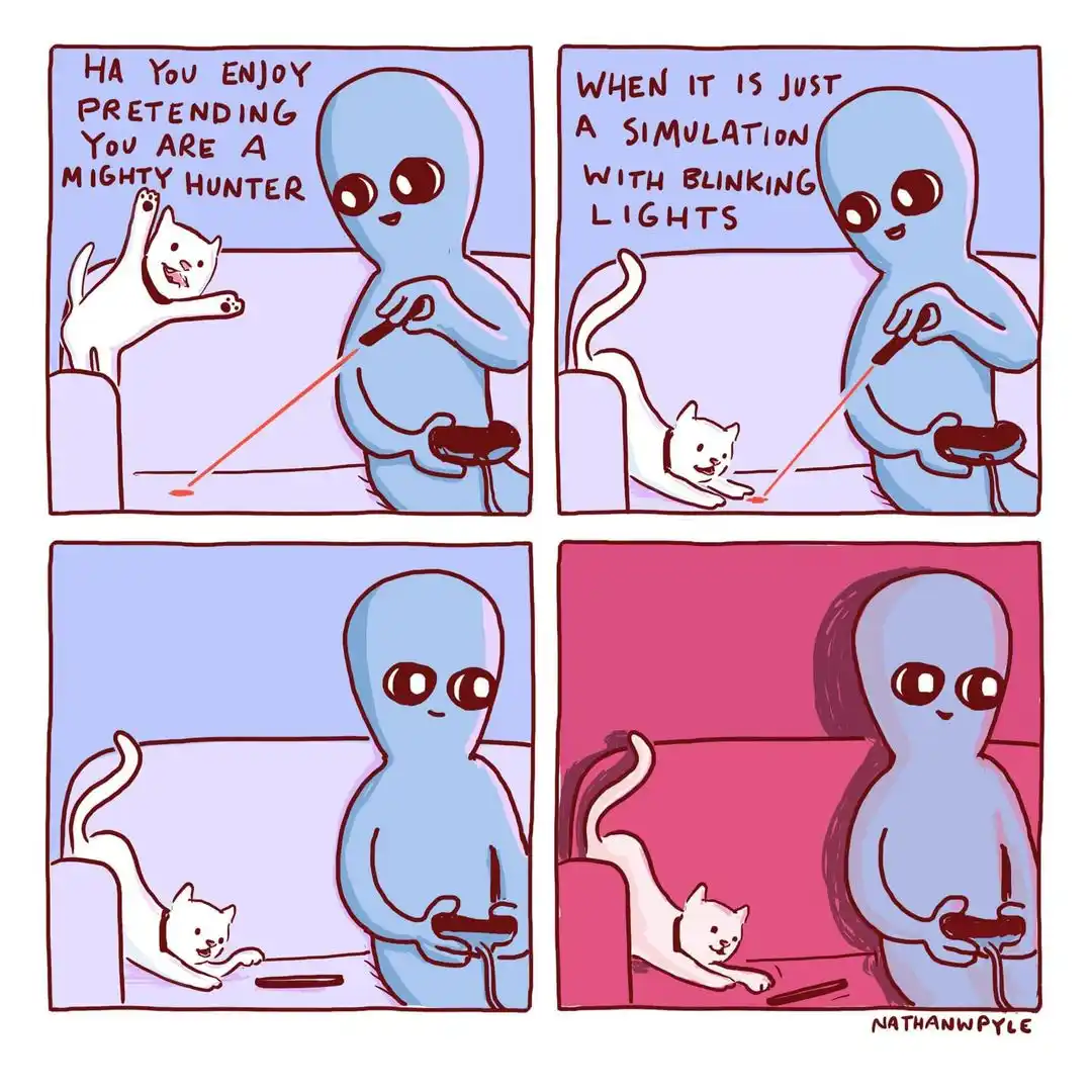 A four-panel comic shows a blue alien holding a laser pointer and teasing a white cat. In the first panel, the alien mocks…