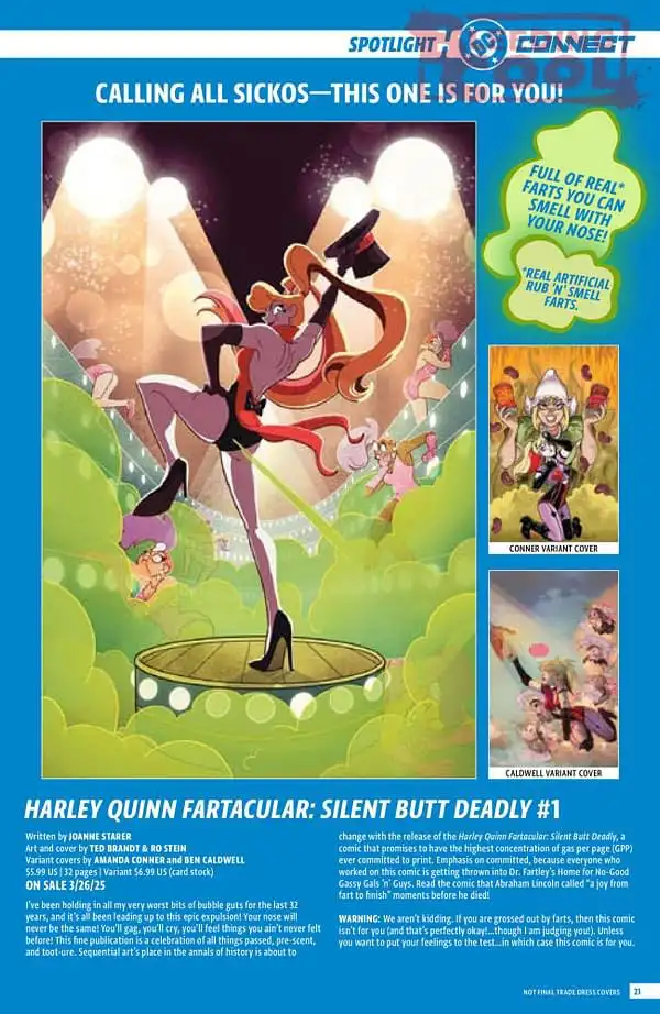 A comic book advertisement for 'Harley Quinn Fartacular: Silent Butt Deadly #1' features Harley Quinn on a stage in a purple…