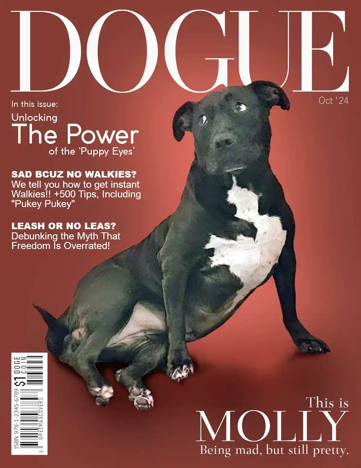 A black and white dog sits on a red background, styled as a magazine cover parodying Vogue. The title reads 'DOUGE' with…