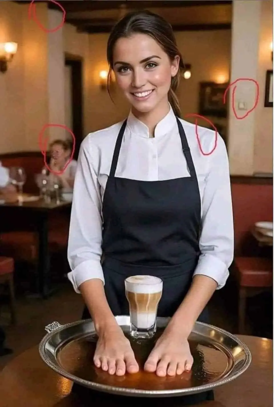 A woman in a white shirt and black apron, posing as a server, has her bare feet placed on a silver tray holding a glass of…