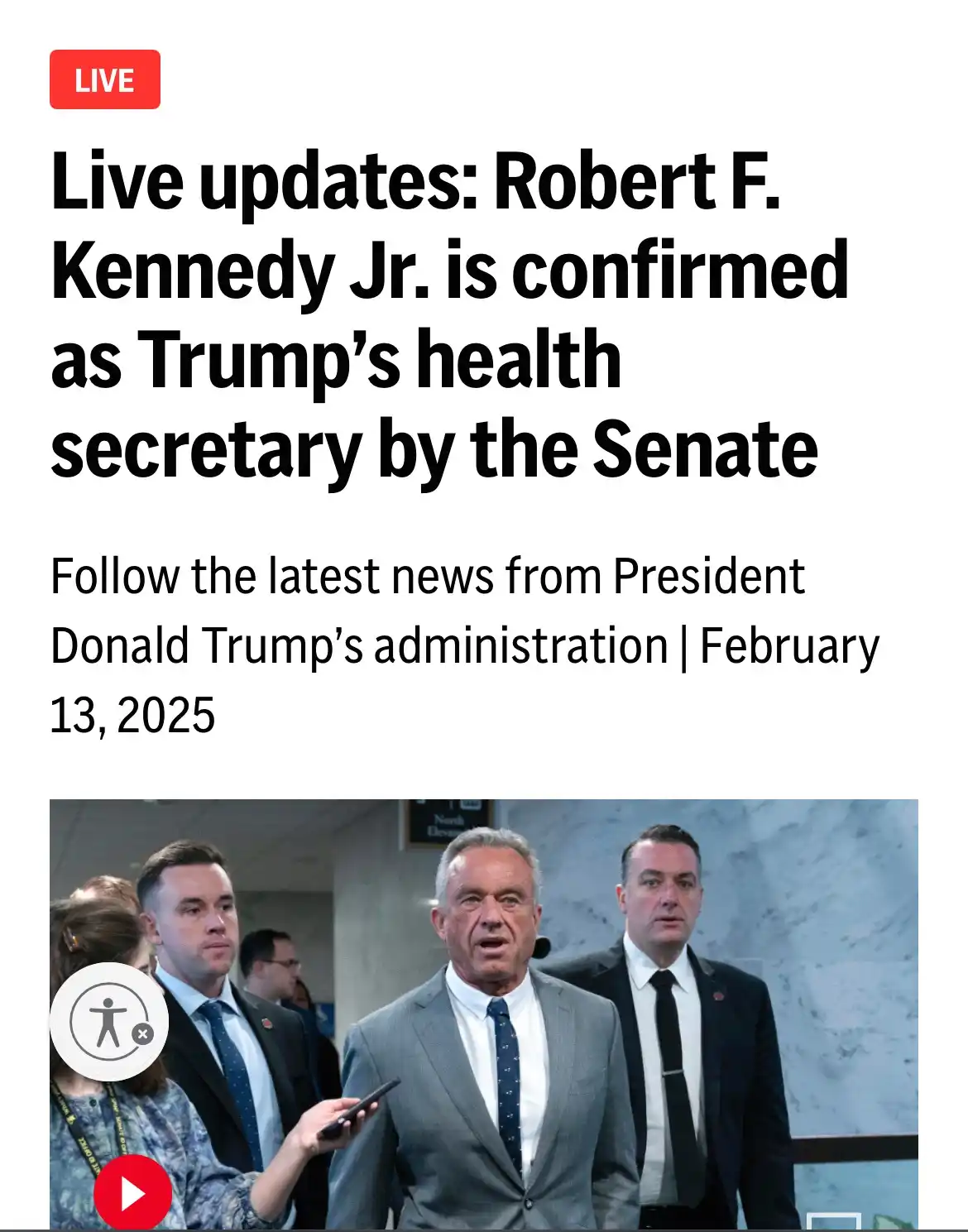 A screenshot of a news website shows a headline claiming Robert F. Kennedy Jr. is confirmed as Trump's health secretary by…