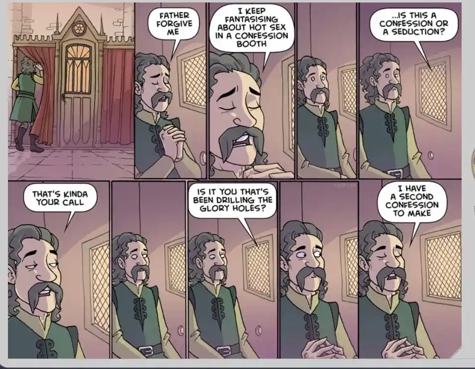 A comic strip depicts a man entering a confessional booth and confessing to fantasizing about hot sex in the booth. The…