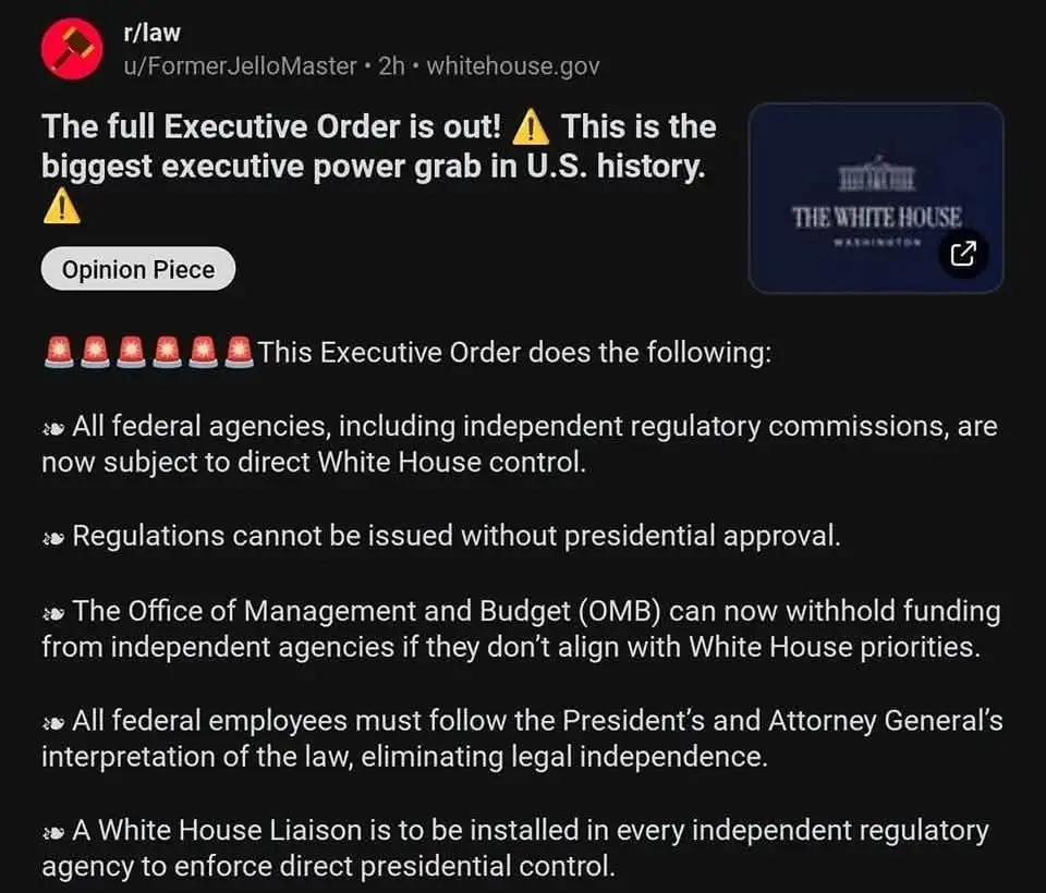 A screenshot of a Reddit post from r/law, showing a user claiming an executive order represents the 'biggest executive power…