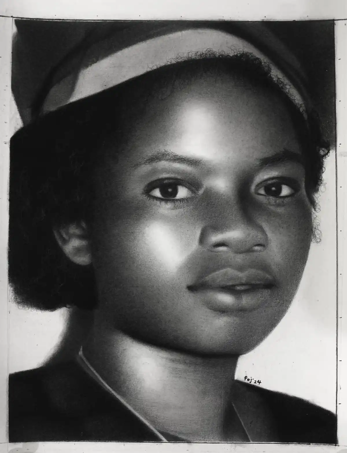 A black and white charcoal portrait drawing of a young Black woman wearing a headwrap and collared shirt, looking directly…