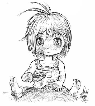 A black-and-white pencil sketch of a chibi-style anime girl with large eyes, sitting cross-legged on the ground, holding a…