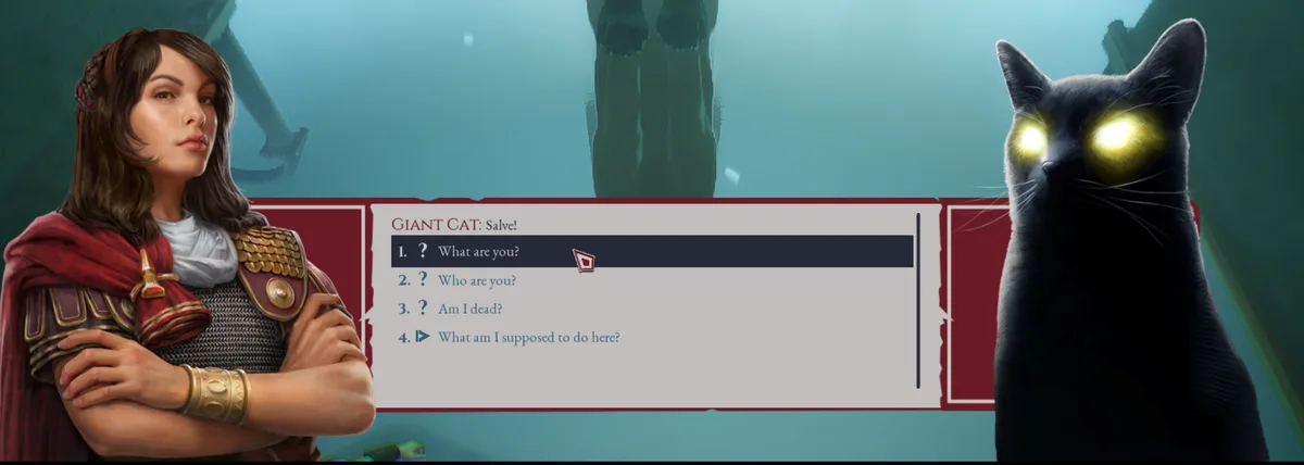 A video game dialogue screen shows a female warrior character with arms crossed facing a giant black cat with glowing yellow…