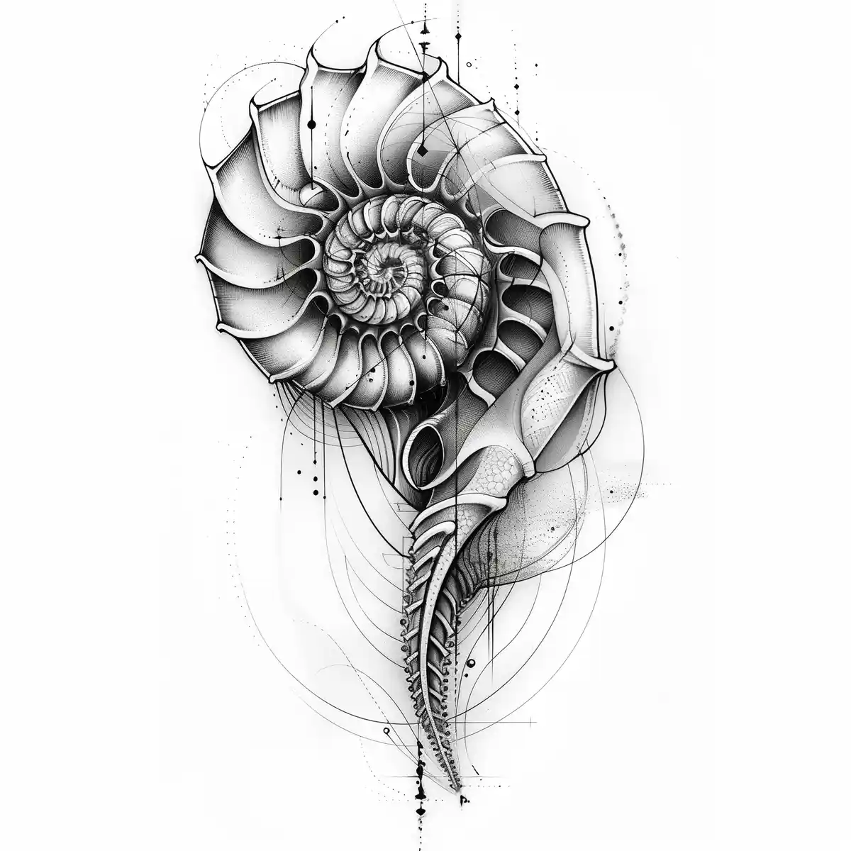 A detailed black and white line art illustration of an ammonite fossil, showcasing its intricate spiral shell with layered…