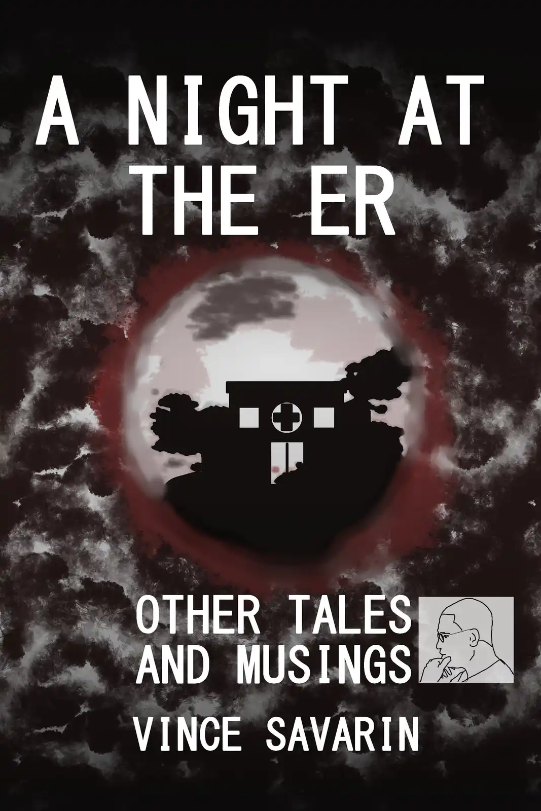 The image is a book cover styled like a horror novel, featuring a dark, cloudy background with a red-tinged circular frame…