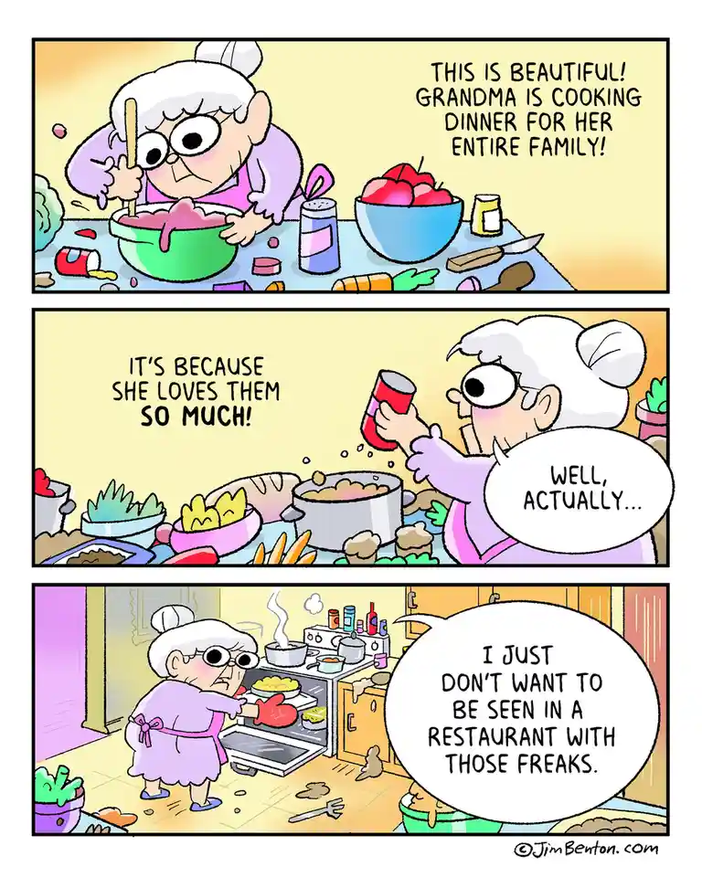 A three-panel comic strip shows an elderly woman cooking in a messy kitchen. In the first panel, she stirs a messy bowl…