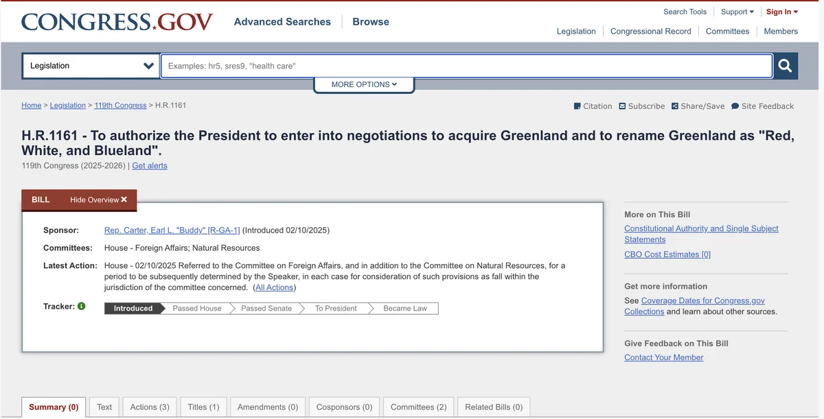 A screenshot of the Congress.gov website showing bill H.R.1161, which humorously proposes to authorize the President to…