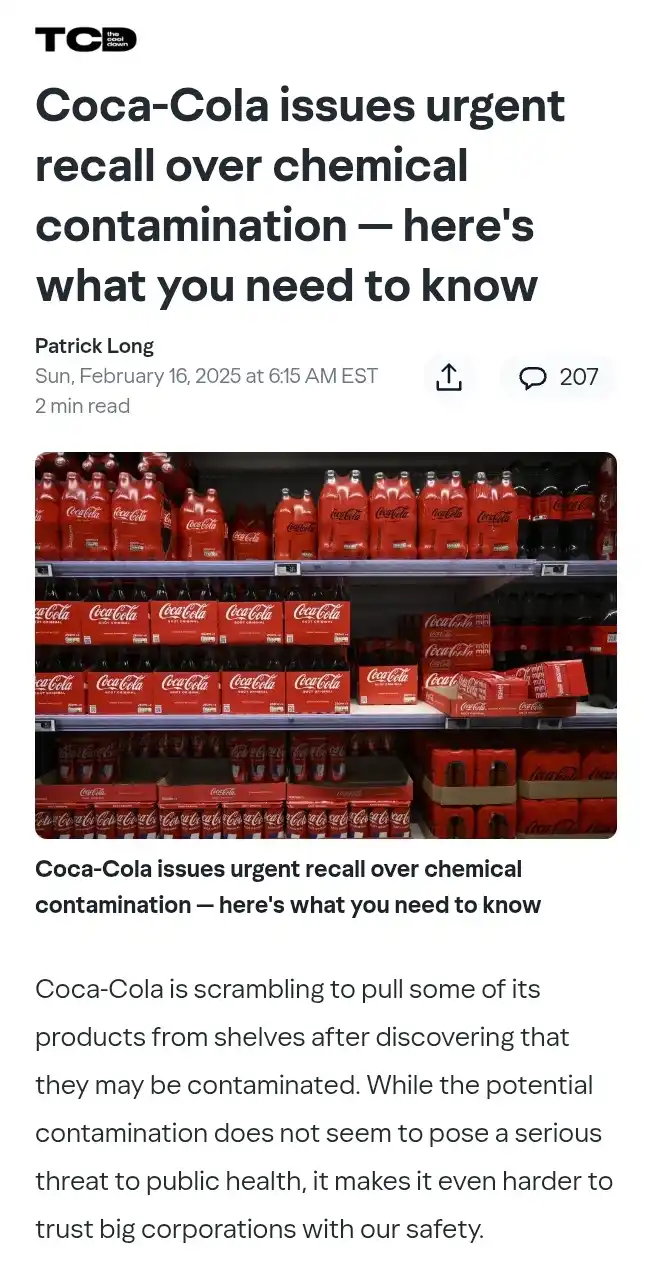 A screenshot of a Time.com article titled 'Coca-Cola issues urgent recall over chemical contamination — here's what you need…