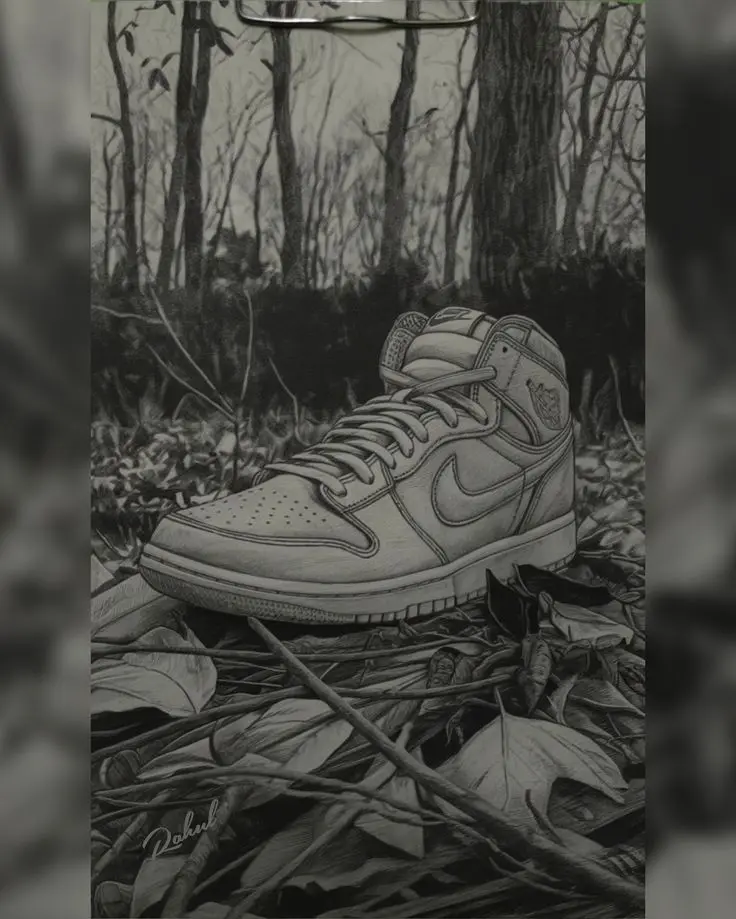 A detailed pencil drawing shows a single Nike Air Jordan sneaker resting among fallen leaves and twigs in a forest setting…