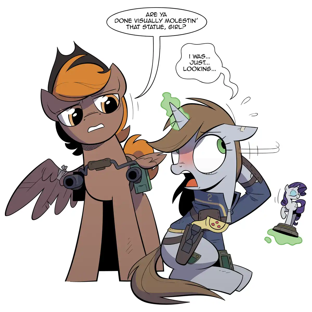 Two anthropomorphic pony characters are depicted in a comic panel. The pony on the left, with brown and orange hair and…