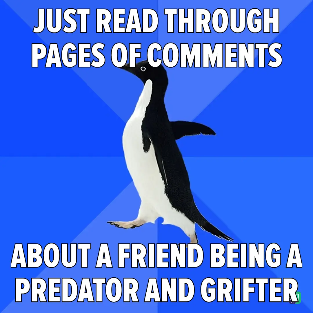A black-and-white penguin stands upright against a blue background with diagonal lines. White bold text at the top reads…