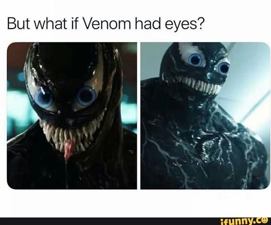 The image displays two side-by-side photos of the character Venom from the movie. Both show the black, symbiote-covered…