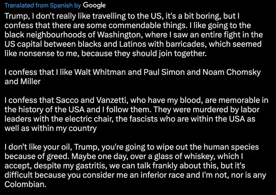 A black background with white text, presented as a translated quote attributed to 'Trump' (a fictional or satirical…