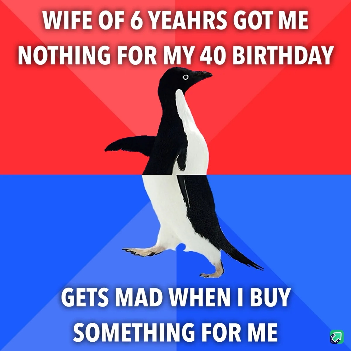 A penguin stands centered against a red and blue background, with white text overlaid in two sections. The top text reads…