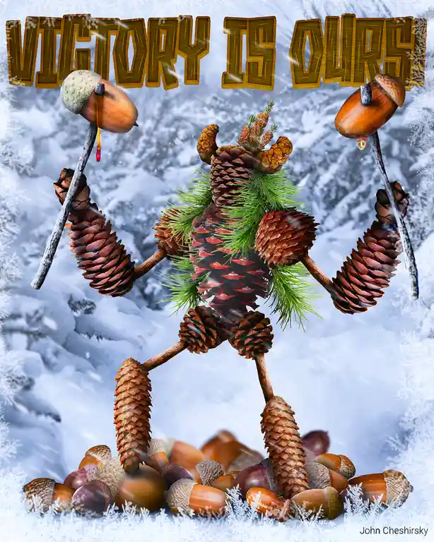 A whimsical, snow-covered forest scene features a fantastical creature made entirely of pinecones, pine needles, and acorns…