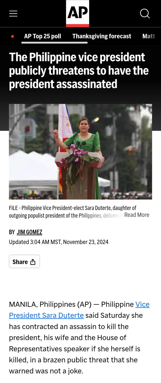 A screenshot of an Associated Press news article shows a photo of Philippine Vice President-elect Sara Duterte speaking at a…
