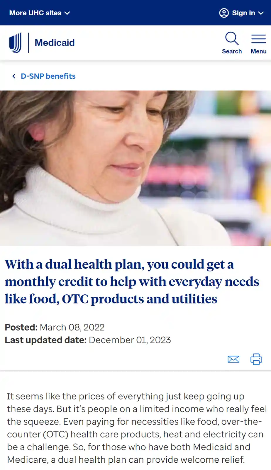 A screenshot of a UHC Medicaid webpage showing a woman in a white turtleneck looking down, with overlaid text describing a…