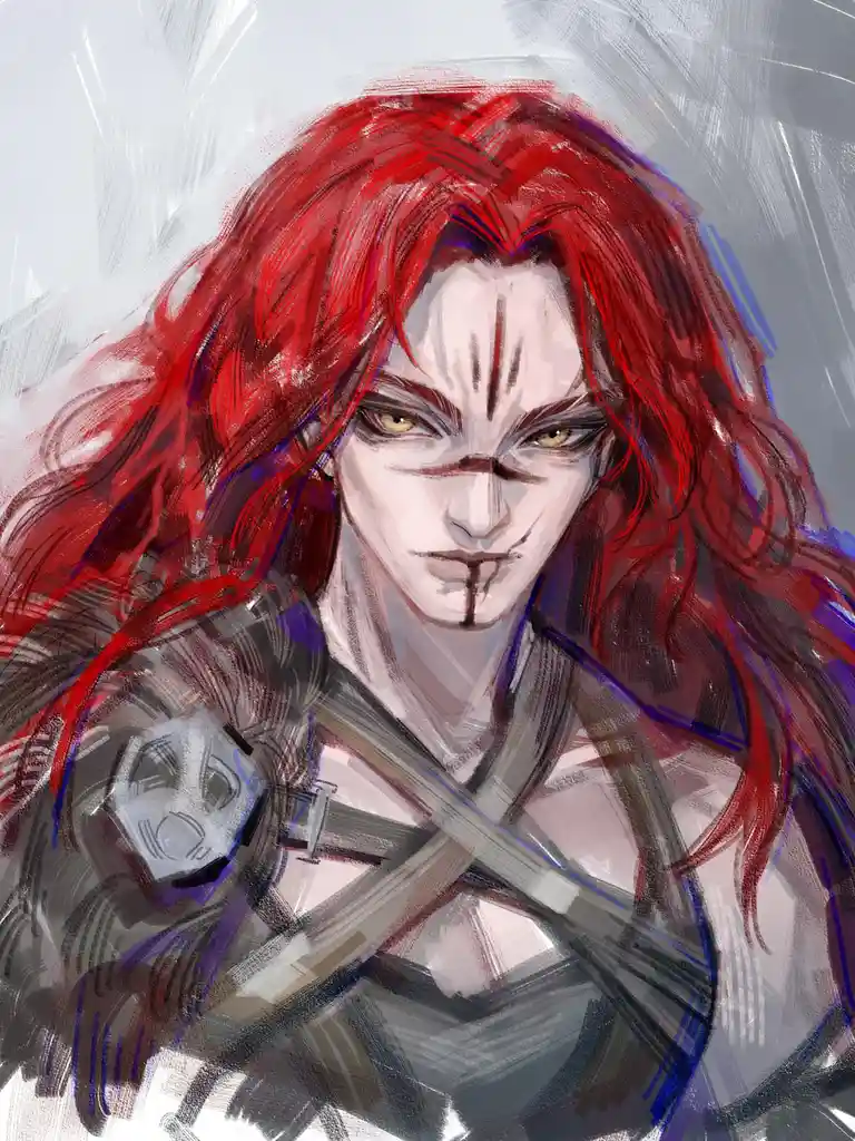 A digital painting of a character with long red hair, yellow eyes, and dark facial markings, wearing dark armor and holding…
