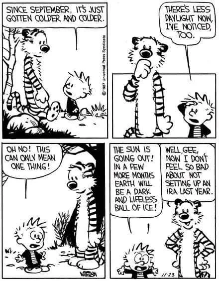 A four-panel Calvin and Hobbes comic strip where Calvin and his tiger friend Hobbes observe seasonal changes. Calvin notices…