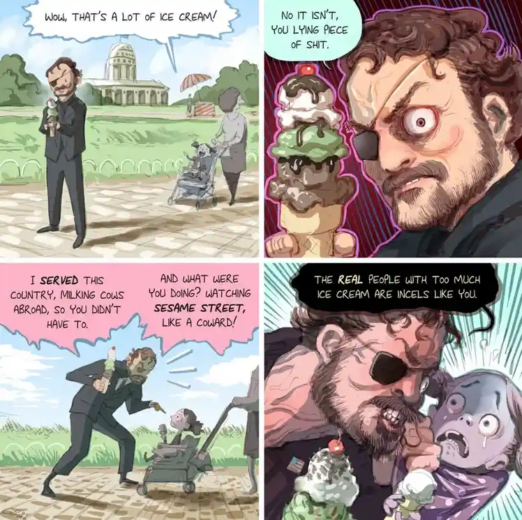 A four-panel comic depicts a man in a suit holding a large ice cream cone, initially complimented by a passerby. He then…