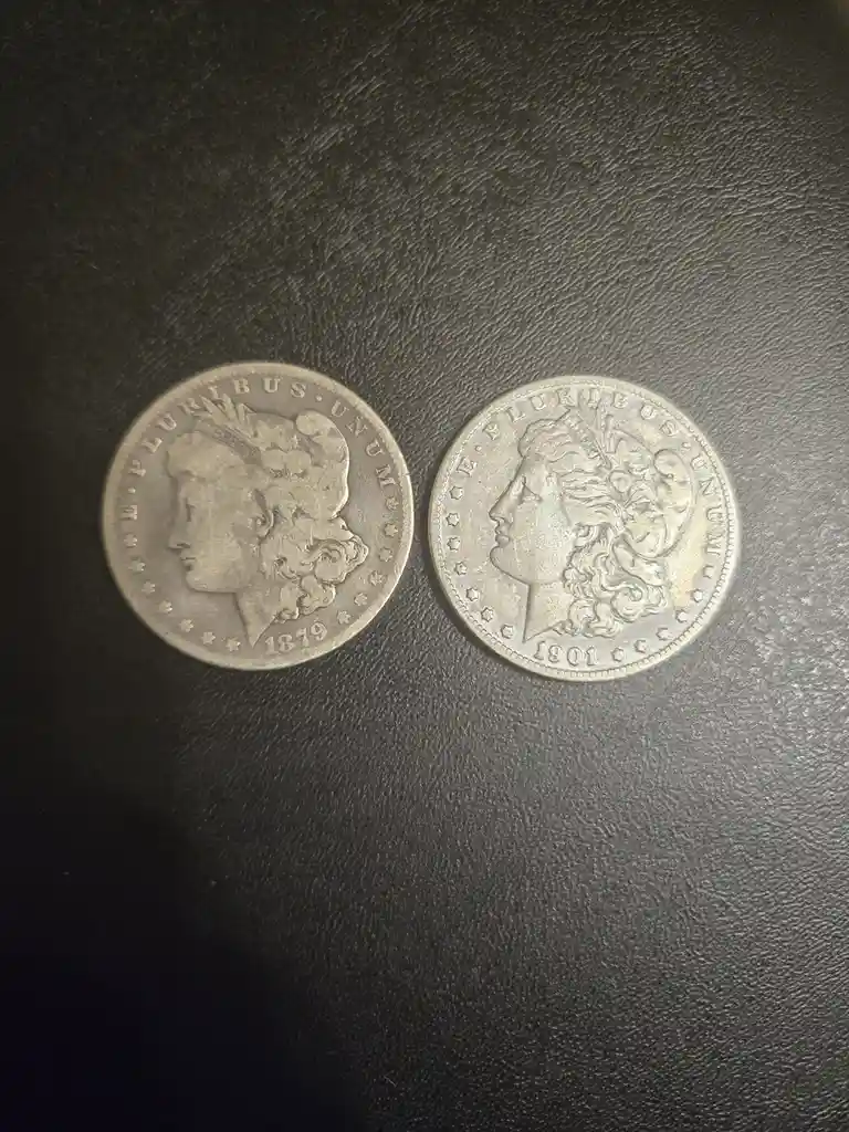 Two Morgan silver dollars, one dated 1879 and the other 1901, lie side by side on a dark textured surface. Overlaid text…
