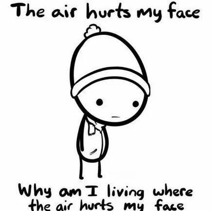 A simple black-and-white cartoon drawing of a stick figure wearing a winter hat and scarf, looking down with a sad…