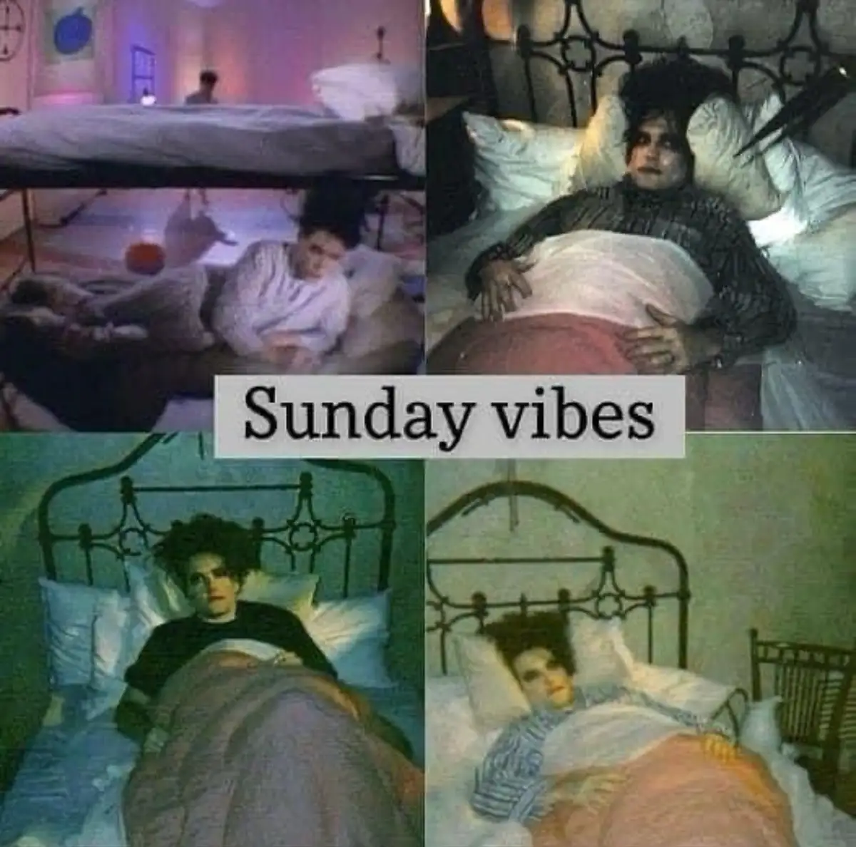 A four-panel collage shows a person in various beds, looking tired or unwell, with the overlaid text 'Sunday vibes'. The…
