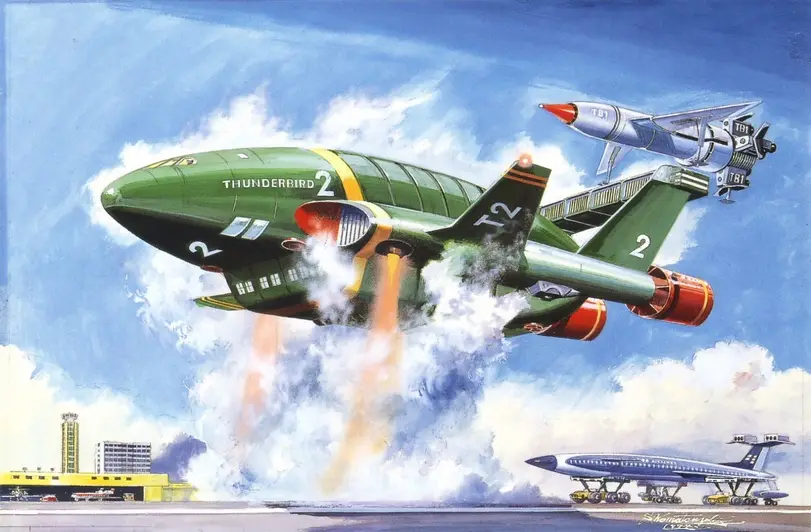 A vintage illustration depicts the green Thunderbird 2 aircraft, marked with 'THUNDERBIRD 2' and 'T2', launching with fiery…