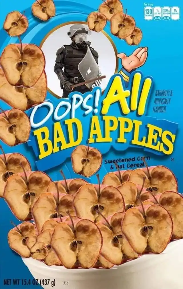 A cereal box for 'Oops! All Bad Apples' cereal, featuring a bowl of dried apple slices and a central image of a person in…