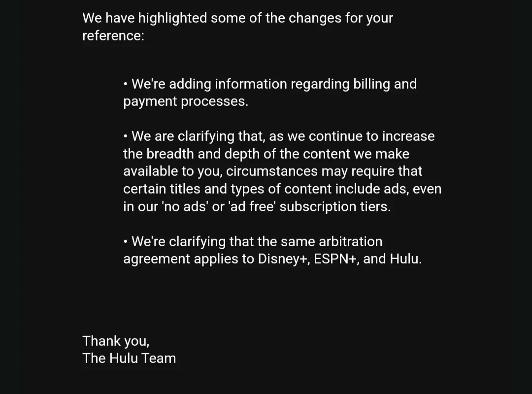 A black screen with white text showing a formal notice from 'The Hulu Team' listing three changes: adding billing info…